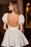 White Corset Floral Short Homecoming Dress with Sleeves