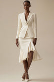 Ivory Peak Lapel 2 Piece Midi Work Dress with Ruffles
