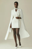 White Satin Bodycon Peak Lapel Mini Work Dress with Cape
