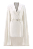 White Satin Bodycon Peak Lapel Mini Work Dress with Cape