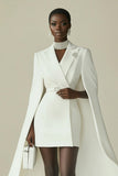 White Satin Bodycon Peak Lapel Mini Work Dress with Cape
