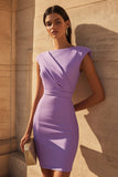 Purple Bodycon Boat Neck Cap Sleeves Short Work Dress
