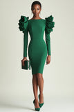 Dark Green Long Sleeves Bodycon Short Work Dress with Ruffles