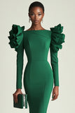 Dark Green Long Sleeves Bodycon Short Work Dress with Ruffles