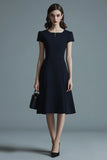 A Line Navy Short Sleeves Midi Work Dress