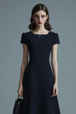 A Line Navy Short Sleeves Midi Work Dress