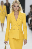 Yellow 2 Piece Bodycon Peak Lapel Double Breasted Short Work Dress