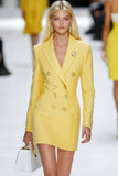 Yellow Peak Lapel Double Breasted Bodycon Mini Work Dress