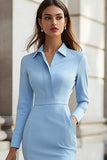 Sky Blue Bodycon Polo Collar Short Work Dress with Pocket