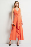 V-Neck Orange Long Work Jumpsuit with Ruffles