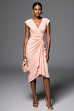 Ruched Pink Bodycon V-Neck Midi Work Dress