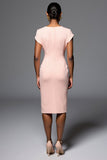 Ruched Pink Bodycon V-Neck Midi Work Dress