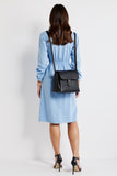 Polo Collar Blue Long Sleeves Midi Work Dress with Slit
