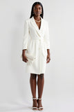 White Long Sleeves Notched Lapel Sheath Midi Work Dress with Belt