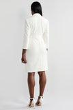 White Long Sleeves Notched Lapel Sheath Midi Work Dress with Belt