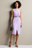 Purple Ruched Sheath Midi Work Dress with Belt