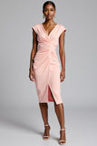 Ruched Pink V-Neck Bodycon Midi Work Dress