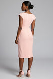 Ruched Pink V-Neck Bodycon Midi Work Dress
