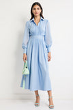 Blue A Line Polo Collar Ruched Work Dress with Long Sleeves