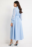 Blue A Line Polo Collar Ruched Work Dress with Long Sleeves