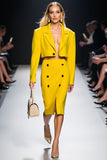 Yellow Notched Lapel Bodycon Two-piece Work Dress with Slit