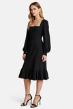 Black Ruffled A Line Work Dress with Long Sleeves