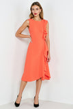 Orange A Line Round Neck Ruffled Midi Work Dress