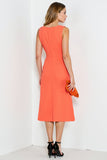 Orange A Line Round Neck Ruffled Midi Work Dress