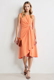 Ruched Boat Neck Orange A Line Midi Work Dress