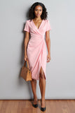 Pink Ruched V-Neck Bodycon Short Sleeves Midi Work Dress