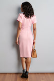 Pink Ruched V-Neck Bodycon Short Sleeves Midi Work Dress