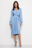 Blue V-Neck A Line Long Work Dress with Sash