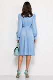 Blue V-Neck A Line Long Work Dress with Sash