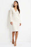 White Bodycon V Neck Midi Work Dress with Long Sleeves