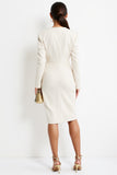 White Bodycon V Neck Midi Work Dress with Long Sleeves
