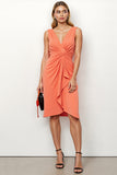 Bodycon Ruched V-Neck Orange Midi Work Dress