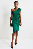 One Shoulder Ruched Green Bodycon Midi Work Dress