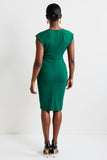 One Shoulder Ruched Green Bodycon Midi Work Dress