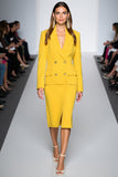 Yellow Two-piece Bodycon Work Dress with Long Sleeves