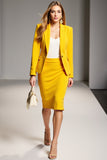 Yellow Bodycon Two-piece Notched Lapel Work Dress with Long Sleeves