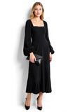 Simple Black Sheath Square Neck Long Work Dress with Long Sleeves