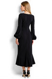 Simple Black Sheath Square Neck Long Work Dress with Long Sleeves