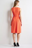 Ruched Orange V-Neck A Line Midi Work Dress