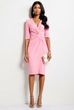 Pink V-Neck Ruched Sheath Half Sleeves Midi Work Dress