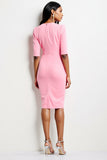 Pink V-Neck Ruched Sheath Half Sleeves Midi Work Dress