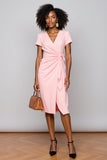 Ruched Pink V-Neck Short Sleeves Sheath Midi Work Dress