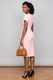 Ruched Pink V-Neck Short Sleeves Sheath Midi Work Dress