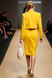 Yellow Sheath Two-piece Notched Lapel Work Dress with Slit