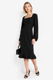 Black Long Sleeve Square Neck Midi Work Dress With Ruffles