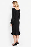 Black Long Sleeve Square Neck Midi Work Dress With Ruffles
